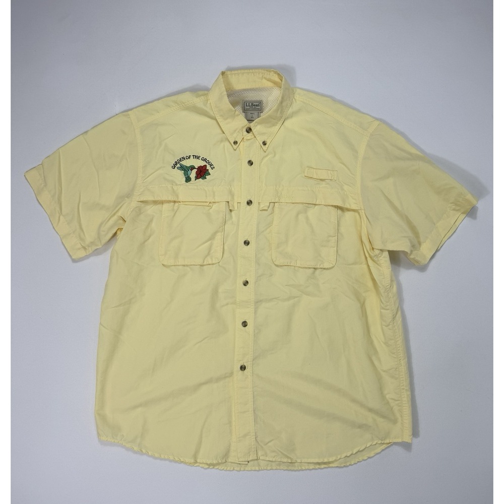 LL Bean Mens Large Vented Button Shirt Garden Fishing Logo Outdoor Yellow Hiking